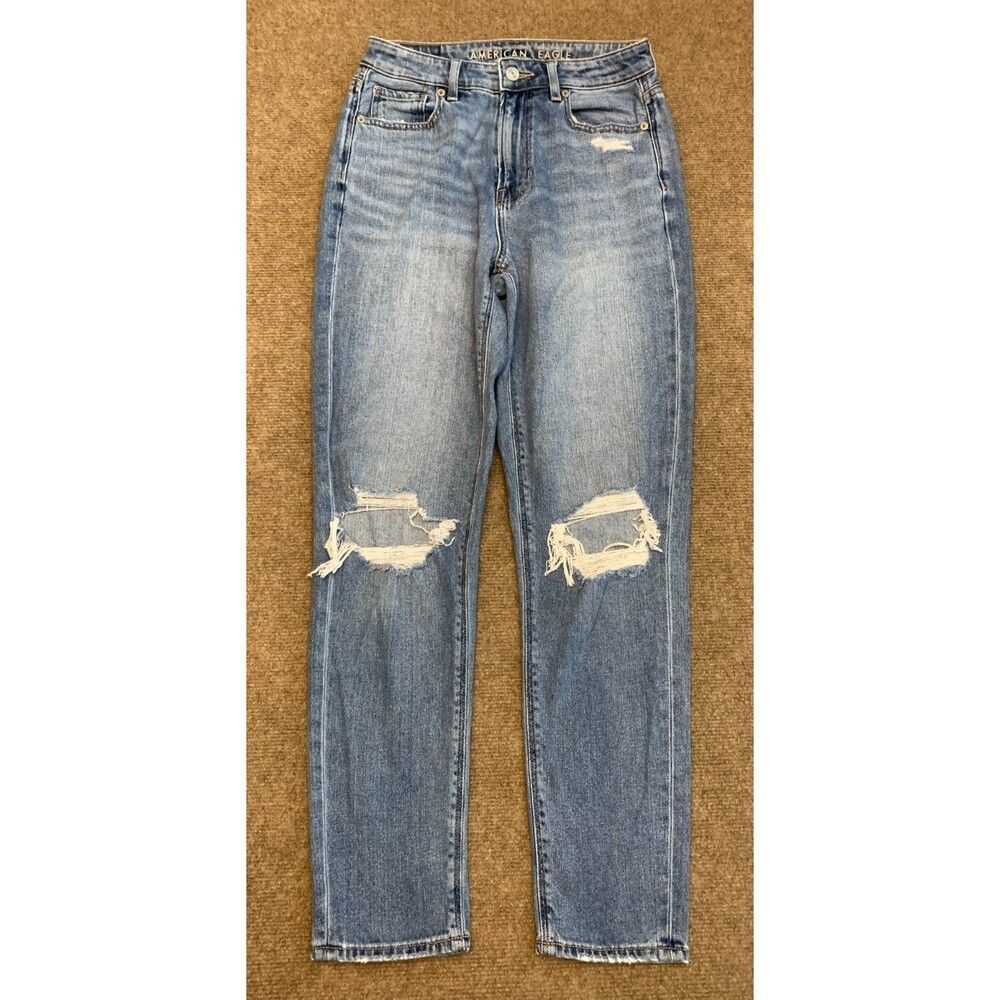 American Eagle Jeans Womens 0 Mid Rise Straight Mom Distressed Relaxed Denim